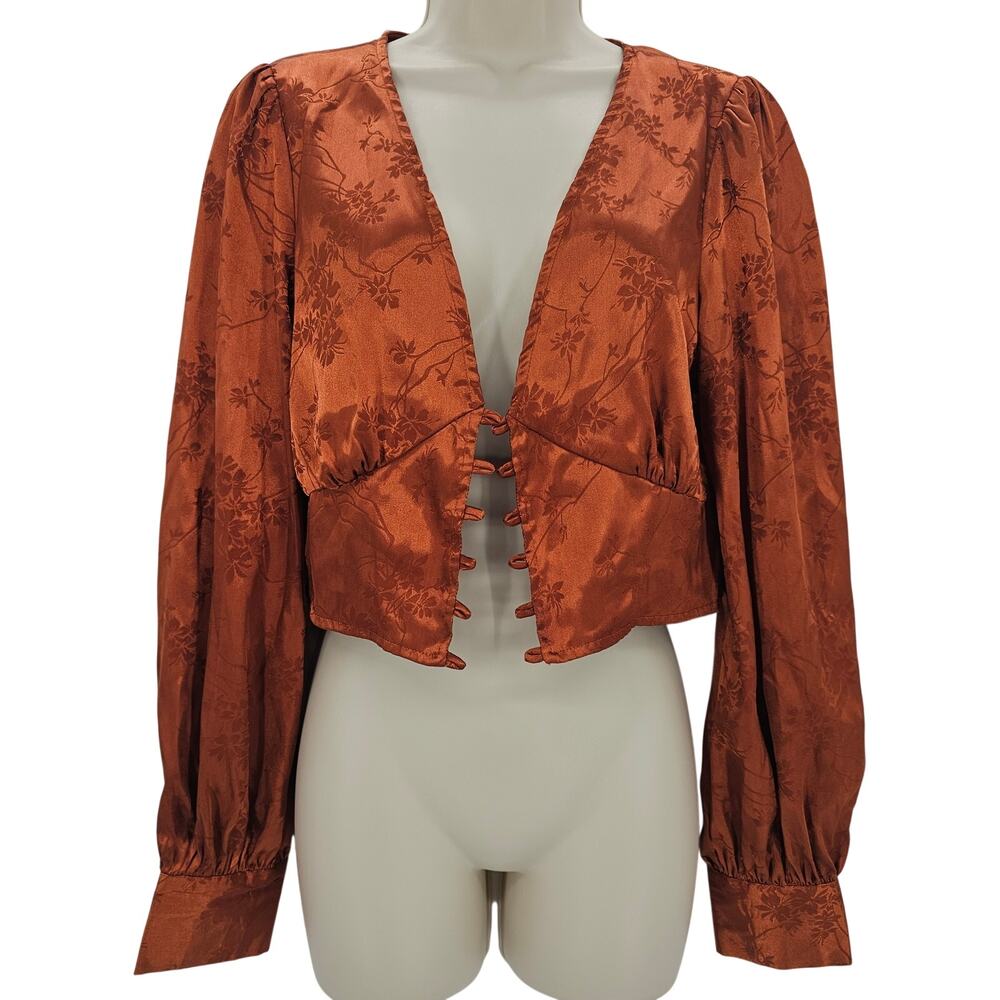 Beige Botany Womans size L Floral Embossed Long Sleeve Blouse Orange/Copper FLAW